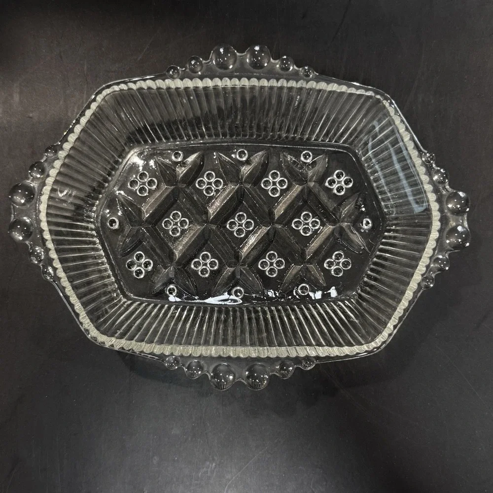 Vintage Anchor Hocking Beaded Block Clear Depression Glass Dish‎ w Handles